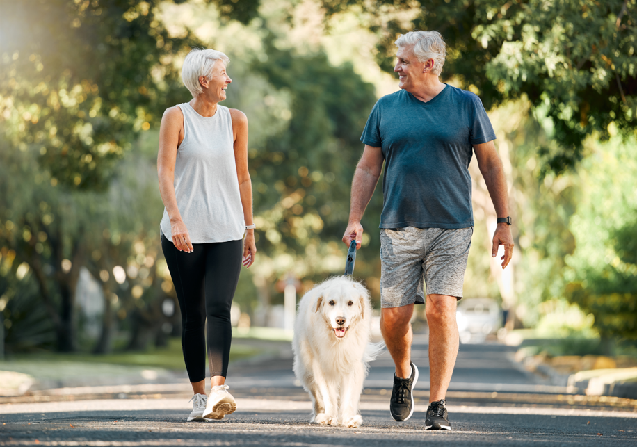 Couple walking their dog on a neighborhood street